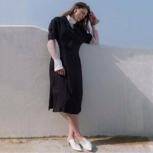 Frontrow Maison Marais Sablier Linen Blend Pleated Midi Shirt Dress Navy Small